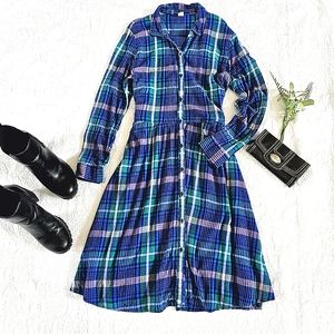 Old Navy Women's T-Shirt Dress Midi Size XL Green Blue Plaid Long Sleeves Office